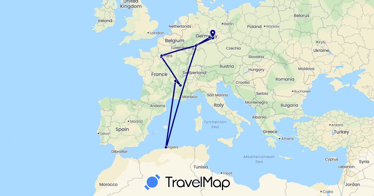 TravelMap itinerary: driving in Germany, Algeria, France (Africa, Europe)